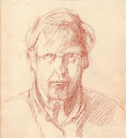 Tekening met gerolde stift van r&ouml;telpoeder. Werkelijke krijtkleur: portret-bruin.